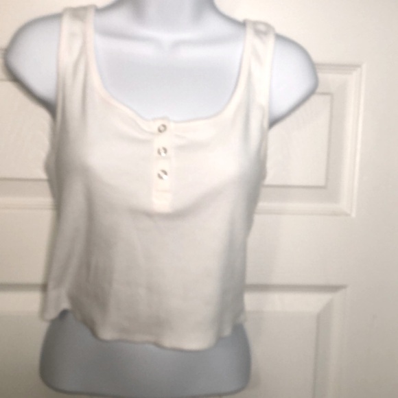"Forever 21" white ctn-spdx rib knit, 3 snap henley, cropped tank top- jr size L - Picture 3 of 11